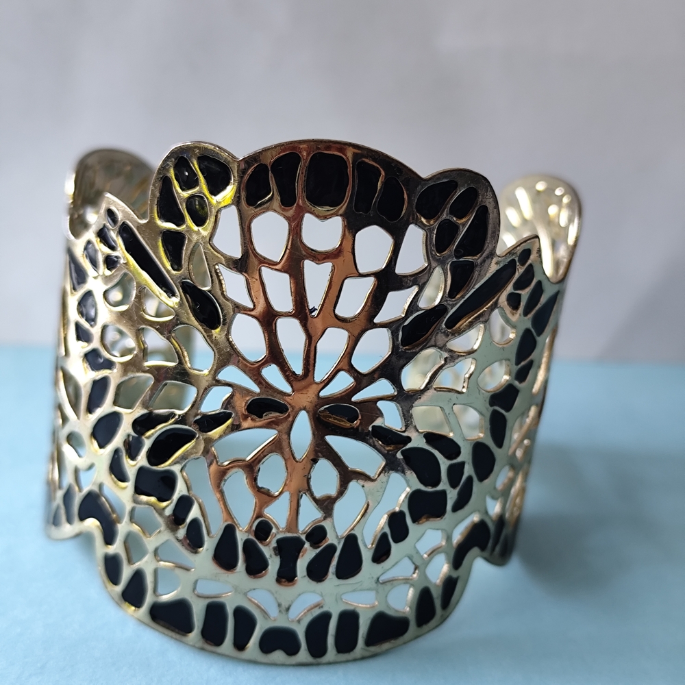 4/$50⭐️Black Enamel Print Openwork Gold Tone Adjustable Cuff Bracelet 2.5" Wide